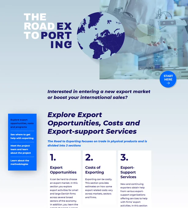Landing page of the homepage Road To Exporting, https://www.roadtoexporting.dk/
