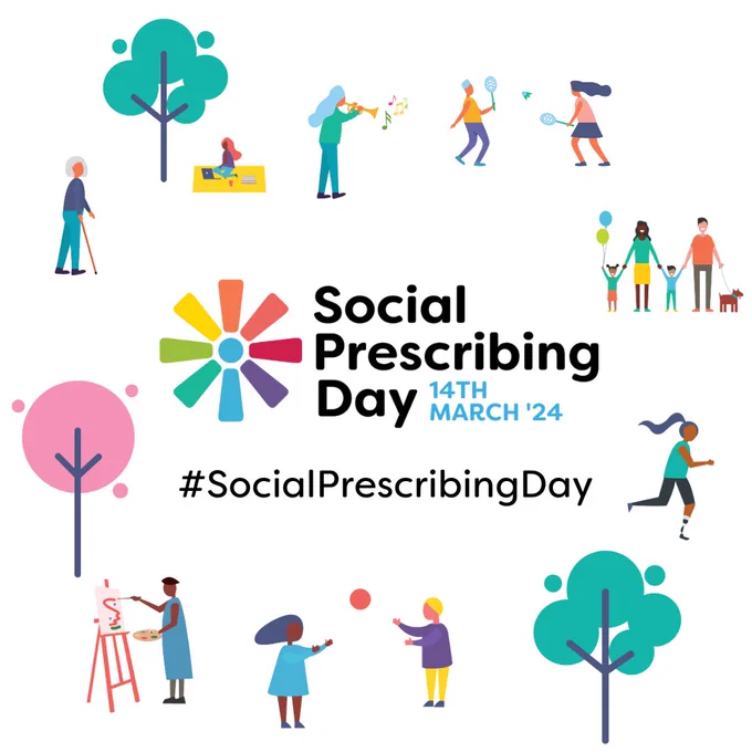 Social Prescribing Day social media card with illustrations of people doing different activities, including playing badminton, playing trumpet, painting, throwing a ball, taking a walk, and enjoying outdoors.  