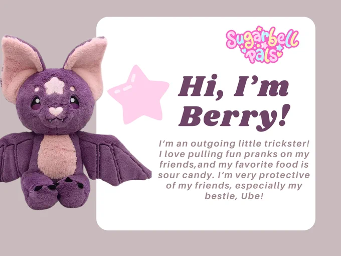 A plush bat that is purple and pink is sitting besides text. Text reads "Hi, I'm Berry! I‘m an outgoing little trickster! I love pulling fun pranks on my friends,and my favorite food is sour candy. I‘m very protective of my friends, especially my bestie, Ube!  " There is also a pink, blue and yellow logo in the corner that says Sugarbell Pals, and a pink star next to the text