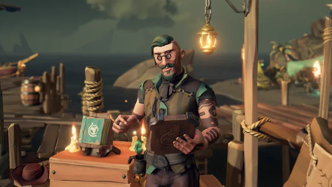 A Merchant Alliance representative stands looking at a board. He has a brown waistcoat with green frills, green hair and tiny glasses. He also has numerous tattoos.