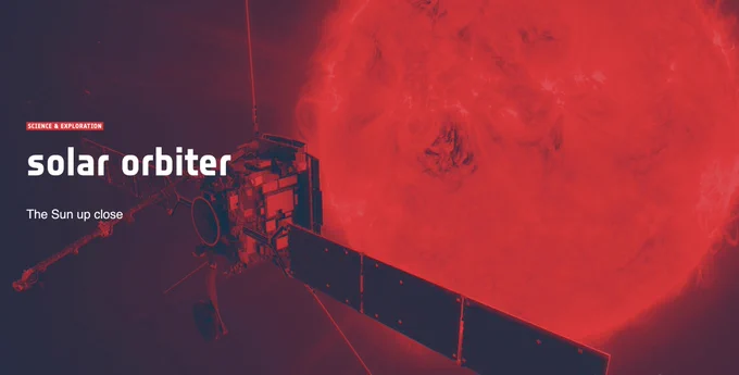 Banner of the Solar Orbiter website. We see an illustration of the spacecraft at the Sun, in red shades. The banner reads: Science & Exploration. Solar Orbiter. The Sun up close.