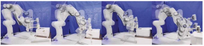 Screenshot of four typical cases using the ADMM-iLQR with maximizing the directional velocity manipulability in the hammering task.