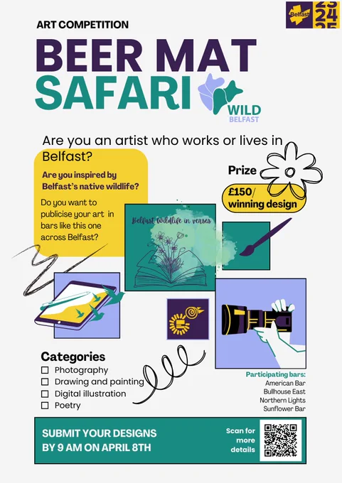 Beer mat safari competition flyer. £150 for winning art pieces in categories comprising of photography, drawing and painting, digital illustration and poetry.