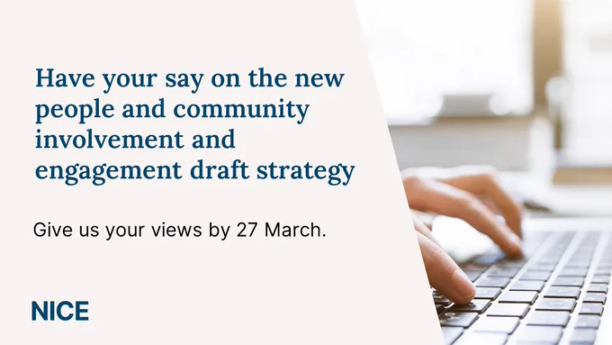 Graphic showing photo of a person typing on laptop keyboard and following text: Have your say on the new people and community involvement and engagement draft strategy. Give us your views by 27 March.