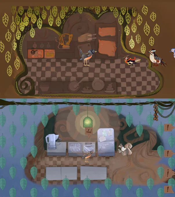 Comparison of a cozy looking bird kitchen -- old (top) vs new (bottom)