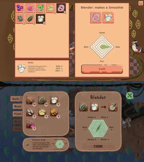 Comparison of a cozy looking UI cooking menu -- old (top) vs new (bottom)