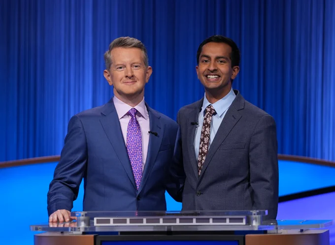 ken jennings and dhruv gaur on jeopardy stage