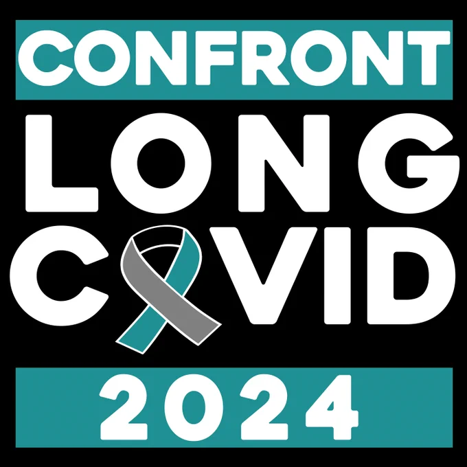 Square stating Confront Long Covid 2024 in teal, black and grey colours
