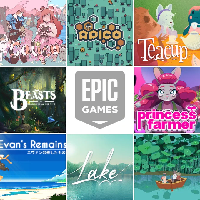 A collage of key art from games Calico, APICO, Teacup, Beasts of Maravilla Island, Princess Farmer, Evan's Remains, and Lake, as well as the logo for the EPIC Games Store.