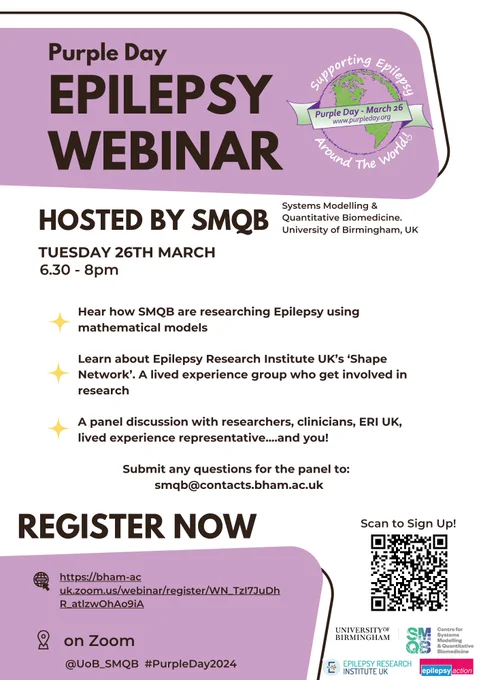 Poster advertising a webinar for Purple Day - Epilepsy Awareness day on Tue 26th March 6.30-8pm