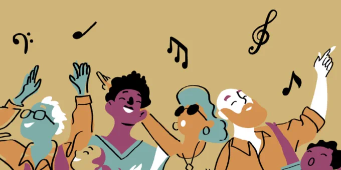 Illustration of people dancing to music with music notes above them. 