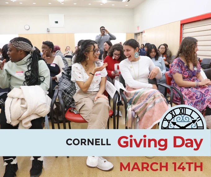 Graduate students talk amongst themselves in advance of the Dean's Scholars Pinning Ceremony. Text reading, 'Cornell Giving Day. March 14th.'