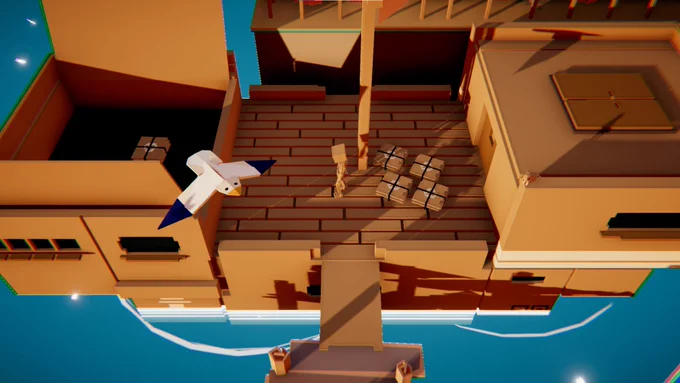 Cardboard person in a cardboard throwing boxes inside the hold while a papercraft seagull fly over them