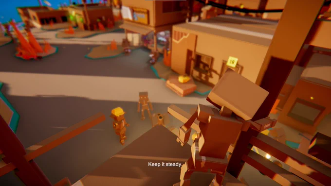 A cardboard person is fixing a lightpole over a scaffold whie other two help them from the floor.