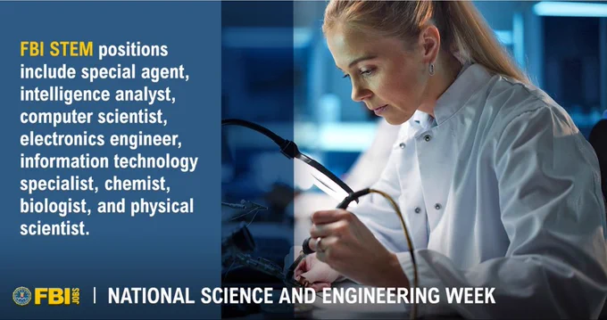 a girl in a white lab coat working in a lab. "FBI STEM positions include special agent, intelligence analyst, computer scientist..."