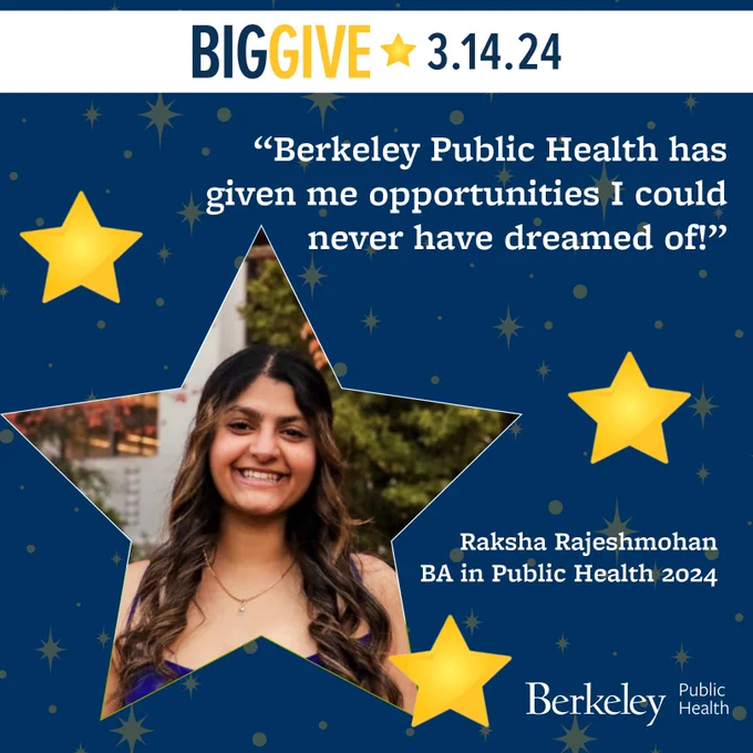 Yellow stars against a blue background; photo of Raksha Rajeshmohan inside a star shape.
Text:  Big Give 3.14.24, “Berkeley Public Health has given me opportunities I could never have dreamed of!”  Raksha Rajeshmohan BA in Public Health 2024, Berkeley Public Health 