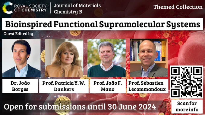 Promotional slide for Bioinspired Functional Supramolecular Systems featuring photos of the Guest editors Joao Borges, Joao Mano, Patricia Dankers and Sebastien Lecommandoux. Deadline to submit is 30 June 2024.