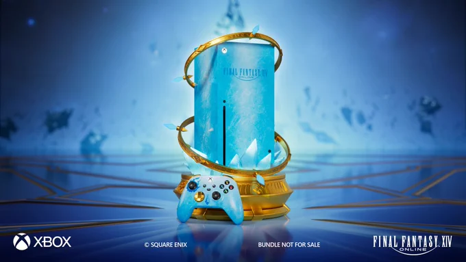 Image of custom Final Fantasy XIV Online Xbox Series X console, controller, and console stand on a glass surface against a blue background.