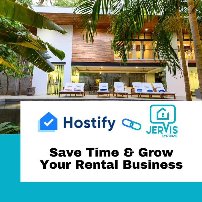 Image of tropical rental property with Hostify and Jervis Systems logo on blue and white background
