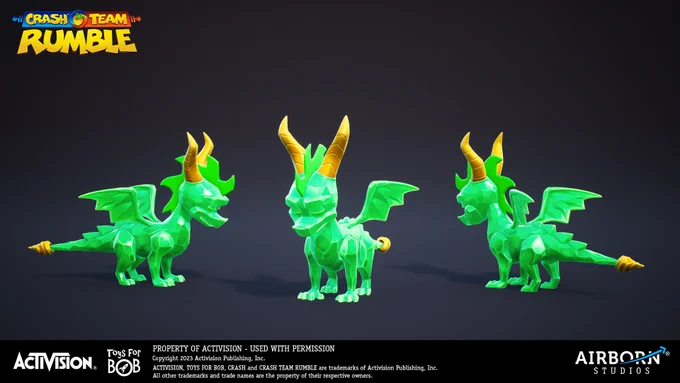 Images of a Spyro the Dragon skin Airborn got to do concept and 3D work on.