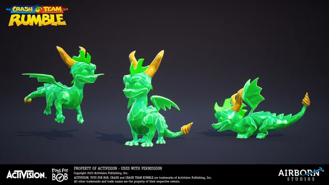 Images of a Spyro the Dragon skin Airborn got to do concept and 3D work on.