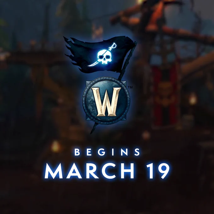 A mysterious image of a recolored WoW icon with a black tattered flag above it with a glowing skull and saber, and text below that reads “Begins March 19”. The “W” on the WoW icon is a faded version of the original golden version, with the globe and rings behind tinted to be a deep shade of blue. The saber on the flag sits diagonally behind the skull, which appears to have a patch over one eye. The skull and saber, as well as the text below, have a subtle blue glow around, with a very blurry view of a crude settlement behind.