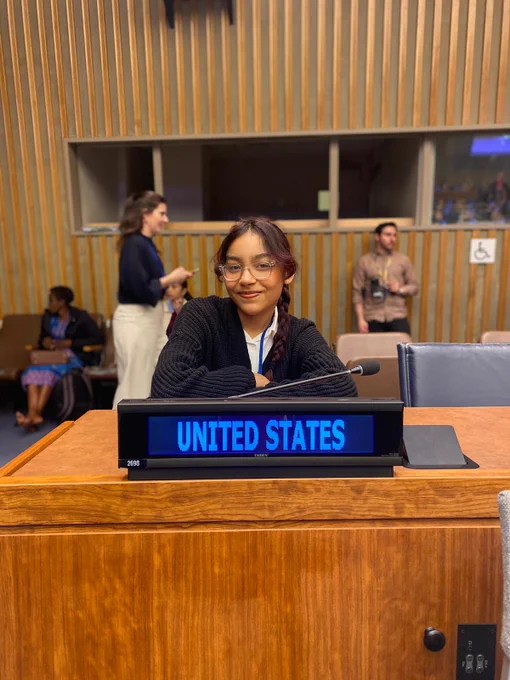 Photo of Karina, the U.S. youth delegate to the 68th Commission on the Status of Women, in the U.S. chair at the Interactive Youth Dialogue.