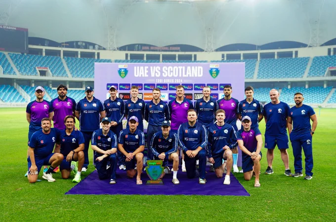 Scotland celebrate after their 2-1 series win over the UAE