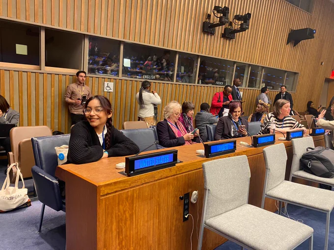 Photo of Karina, the U.S. youth delegate to the 68th Commission on the Status of Women, in the U.S. chair at the Interactive Youth Dialogue.
