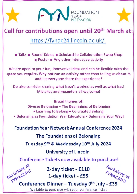 Calls for contributions open until the 20th March. 
 Go to https://fynac24.lincoln.ac.uk for details.