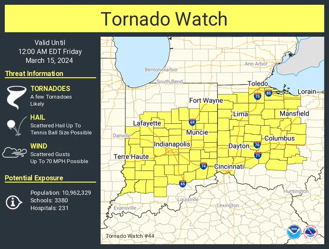 This graphic displays Tornado Watch watch number 44 plotted on a map. The watch is in effect until 12:00 AM EDT. The watch includes parts of Indiana and Ohio. The threats associated with this watch are a few tornadoes likely, scattered hail up to tennis ball size possible and scattered gusts up to 70 mph possible. There are 10,962,329 people in the watch along with 3380 schools and 231 hospitals.