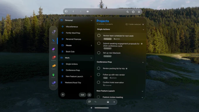 Screenshot of OmniFocus 4.1 for Apple Vision Pro.