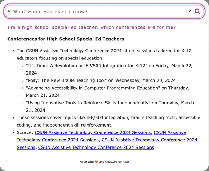 A question about the CSUN conference and the answer provided by Rozz, a new accessible tool for websites to make their content more accessible to all.