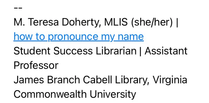 Screenshot of an email signature showing how to include the pronunciation of a name. In this example, the phrase “how to pronounce my name” is a link just after the name itself.