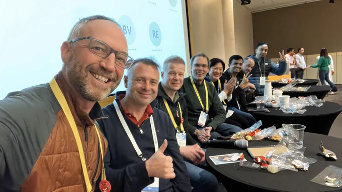 Mark Kashman, Vesa Juvonen, Adam Harmetz, and others on the Teams Sweet Treats tasting panel; congrats to MVP, Kevin Trelohan from France and his shortbread chocolate delights - during the MVP Summit 2024.  