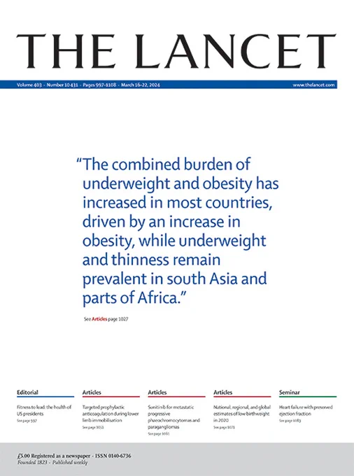 Cover of The Lancet March 16, 2024 issue. Quote on cover reads: "The combined burden of underweight and obesity has increased in most countries, driven by an increase in obesity, while underweight and thinness remain prevalent in south Asia and parts of Africa."
