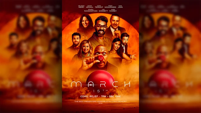 Composite image showing a movie-style poster for Comic Relief, featuring a sandy desert and group of celebrity hosts. Text reads: “March 15th - Comic Relief, 7pm, BBC One”