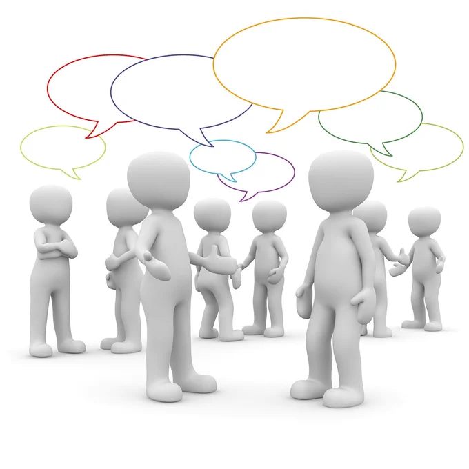 A group of cartoon figures communicating with each other. There are speech bubbles above each figure indicating speach. Image by Peggy und Marco Lachmann-Anke from Pixabay