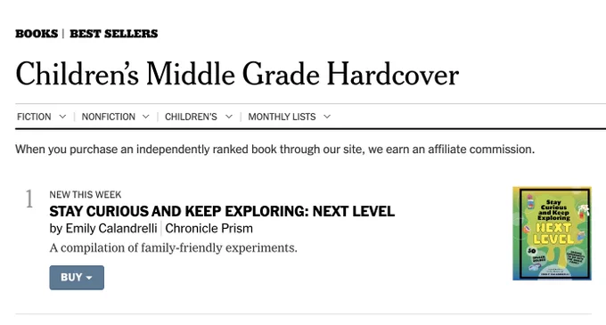 A screenshot of the NYTimes Best Seller list showing Emily's Book "Stay Curious and Keep Exploring: NEXT LEVEL" at #1