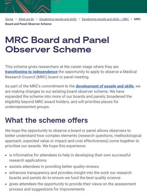Screenshot of the MRC Board and Panel Observer Scheme webpage that includes information about the scheme and eligibility. 