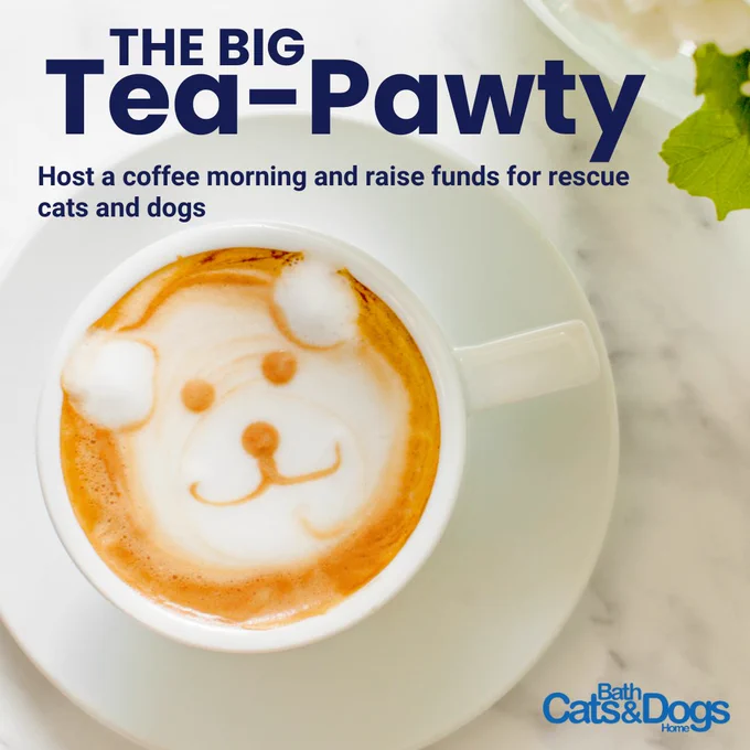 The Big Tea-Pawty. Host a coffee morning and raise funds for rescue cats and dogs. Image of a coffee with dog-themed foam art.
