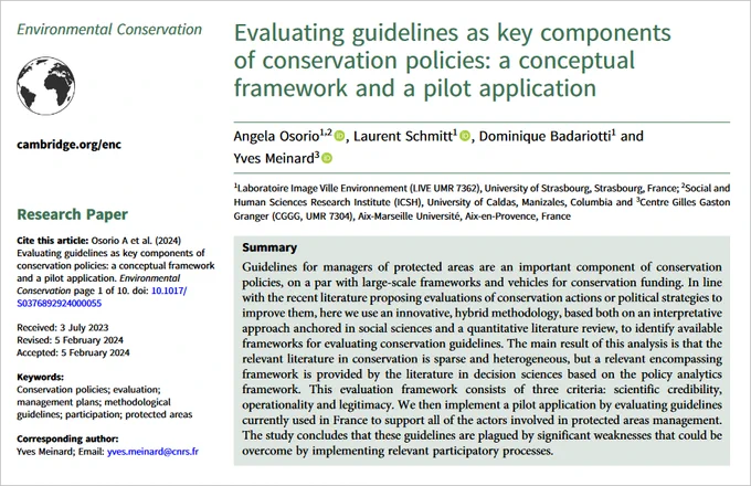 Title, authors’ names, and abstract from a paper about guidelines for conservation policies. Text: Evaluating guidelines as key components of conservation policies: A conceptual framework and a pilot application.