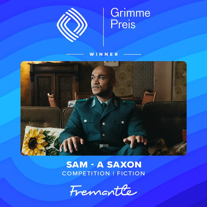 Blue reverberating background overlayed with image from Sam - A Saxon series, plus Fremantle and Grimmer Preis logos