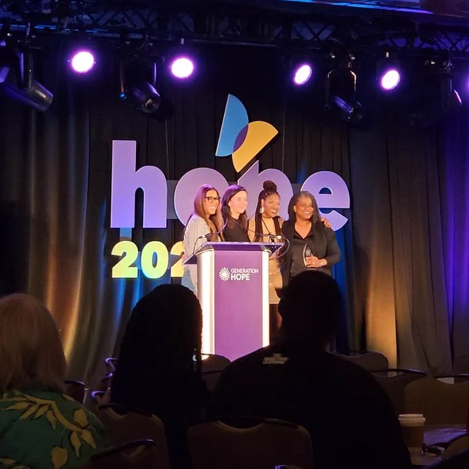 Generation Hope Founder and CEO Nicole Lynn Lewis, ECMC Program Officer Amber Angel, Generation Hope Alum Bri Whitfield, and Jeremiah Program's Chastity Lord