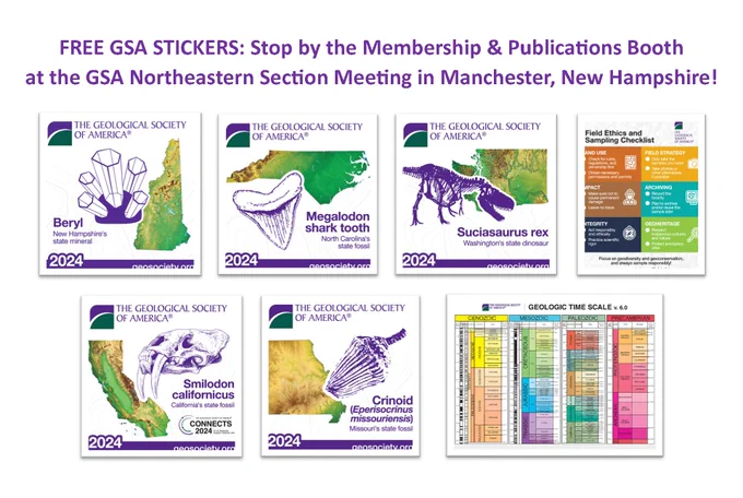 Colorful stickers, six total: total: 4 are of fossil, mineral, or dinosaur for states of GSA 2024 Meetings; 1 is of geologic time scale, 1 is field ethics checklist