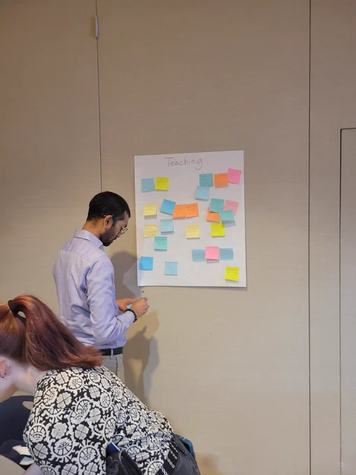 An individual placing a sticky note on the teaching board which already has many sticky notes. 