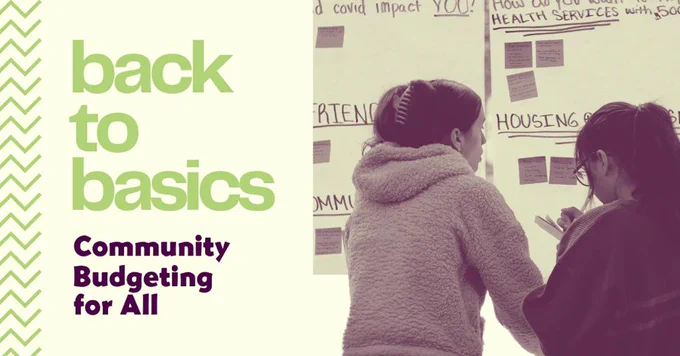 Two people facing a wall of posters, and on the left is light green text Back to Basics and dark text Community Budgeting for All