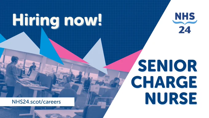 Photo of a busy contact centre floor with various NHS 24 staff on the phones. Photo is stylized in a blue and pink tint. Caption is 'Hiring now! Senior Charge Nurse.' With NHS 24 logo. 