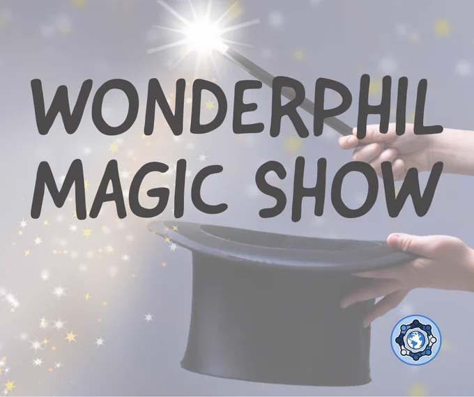 WonderPhil Magic Show text on a background featuring a hand holding a wand over a top hat