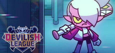 Main logo for Devilish league with the logo text “Devilish League” on the left side of the image over a diamond shaped crest. On the right side is a cartoon devil the main character who has white hair horns and big bat.